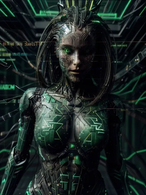 SHODAN android girl, (best quality:1.5) 1girl, belle cute pretty teenage girl, (detailed drawn face correct eyes)++, glowing yellow eyes, far shot, full body showing, complex epic ruined laboratory scenery, cyberpunk style, hair made of wires and cables, (analog photo) amateur, RAW Photo, masterpiece, dramatic photo, evil grin expression, correct fingers, perfectly drawn eyes, (correct anatomy proportions), <lora:furthermoreV9:0.3>, <lora:zoom_slider_v1:-1>, <lora:lora_perfecteyes_v1_from_v1_160:0.3> <lora:epiCRealismHelper:0.6>, breasts, <lora:emotions_lora:0.4> <lora:difConsistency_detail:0.3> <lora:mshn Industrial Machines:0.2> mshn, mshn robot <lora:shodan-10:0.6> shodanSS_soul3142, green theme, <lora:Reel_mechanical_parts_v_1_3:0.3>, <lora:GlitchFashion:0.4> GlitchFashion <lora:HackedTech-20:0.6> hackedtech, scifi, data stream,