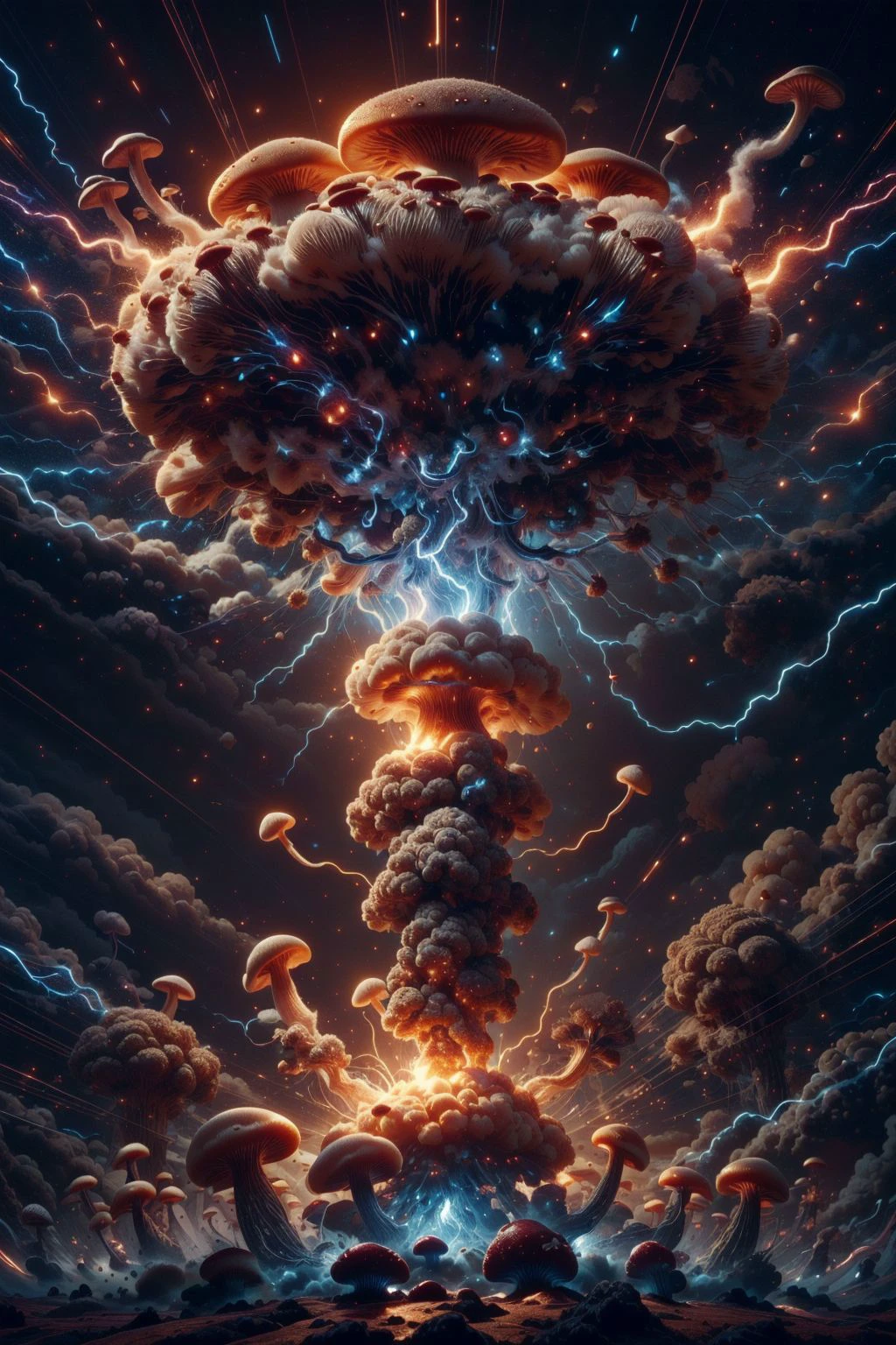 (explosive mushroom cloud:1.2), intricate, fine hairs, ultrafine detail, realistic, perfect exposure,
<lora:MyceliumTech:0.65> myceliumtech, scifi, Psychedelic , Mycelia, spongy <lora:sharpening_B_1.1:0.2> <lora:Brightness Adjustment_B_1.1:0.2> <lora:ThunderMagic:0.4> thundermagic, excessive energy, charged aura, <lora:difConsistency_detail:.25>