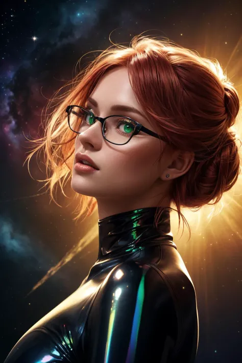 masterpiece, highest quality, 8k, hyperrealism, close up low angle portrait, isometric perspective, 1girl, half German half Swiss, red hair updo, green eyes, (detailed face and eyes):1.2, glasses, lips, full body iridescent bodysuit, cinematic scene, looking at viewer, cosmic space, fantasy atmosphere, br_max, <lora:br_max-000014:0.3>, <lora:difConsistency_detail:0.2>