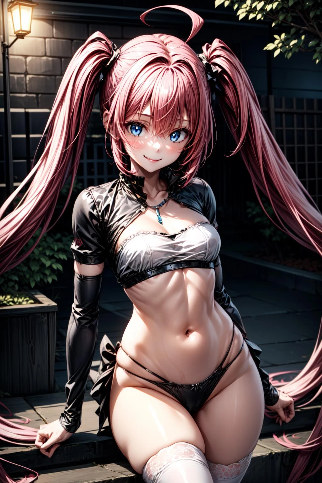 best quality, masterpiece, 1girl, (solo:1.1), raytracing, ultra detailed,detailed face, 8k wallpaper, small breasts, (wide hips:0.8), smile, <lora:more_details:1>, MilimNavaNDV, pink hair, very long hair, twintail, black panties, hair between eyes, ahoge, blue eyes, looking at viewer, asymmetrical legwear, thighhighs, collarbone, single thighhigh, striped, fangs, midriff, <lora:MilimNavaNDV:0.7>, outdoor