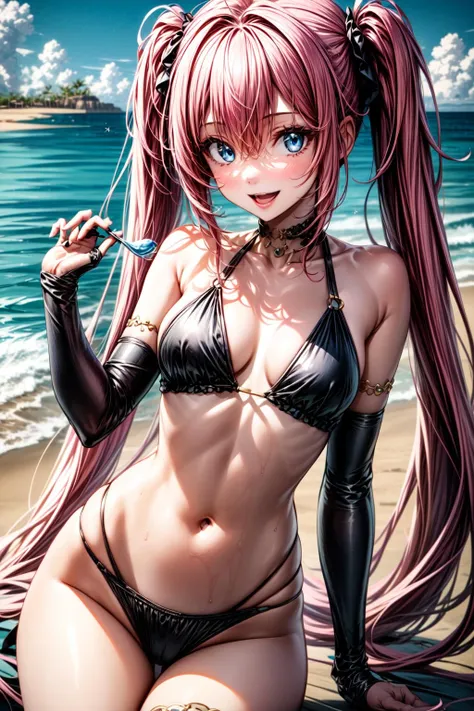 best quality, masterpiece, 1girl, (solo:1.1), raytracing, ultra detailed,detailed face, 8k wallpaper, small breasts, (wide hips:0.8), smile, <lora:more_details:1>, MilimNavaNDV, pink hair, very long hair, twintail, black panties, hair between eyes, ahoge, blue eyes, looking at viewer, fangs, <lora:MilimNavaNDV:0.7>, outdoor, slime, beach, swimsuit, open mouth