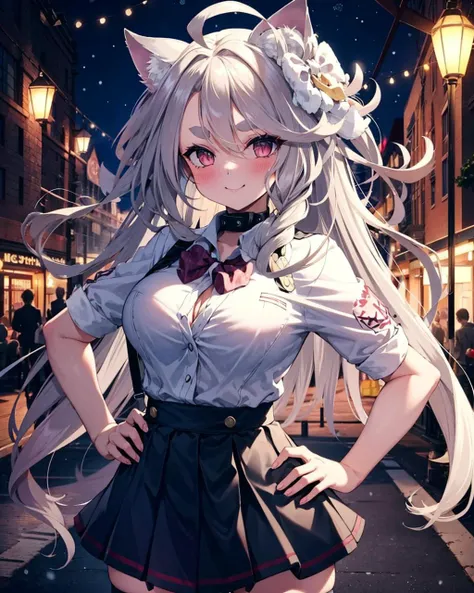 1girl,headpoixmas,large breasts, solo,(school uniform), <lora:YuudachiXmasV1:1>,standing,outdoors,school,cowboy shot, hand on hip, light smile, blush,bowtie, black skirt, zettai ryouiki, buttons,street,shirt,