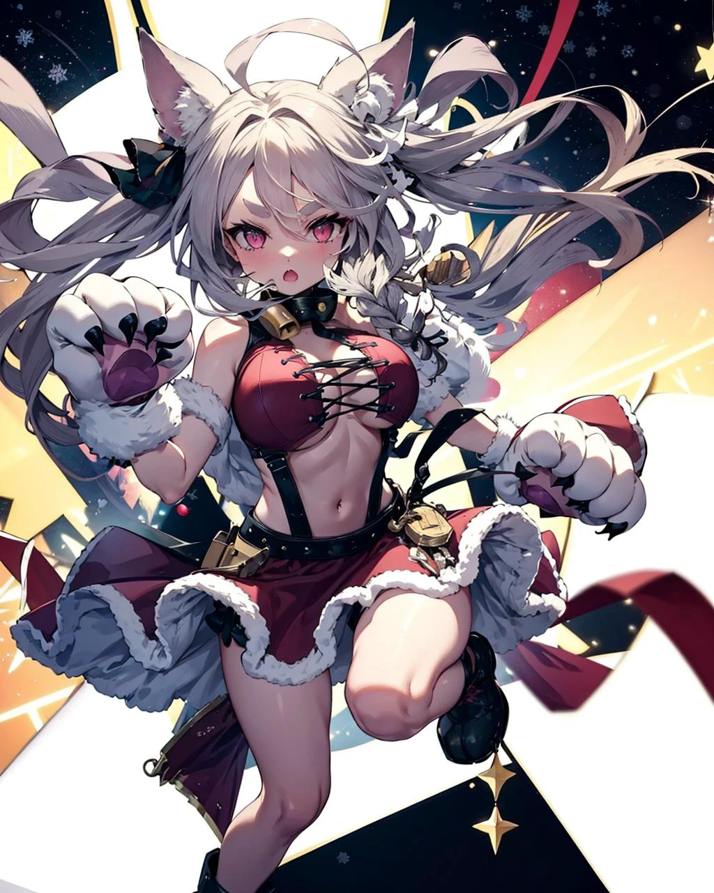 1girl,poixmas,large breasts, solo,animal_hands,paw gloves, red skirt, <lora:YuudachiXmasV1:1>,midriff, full body,