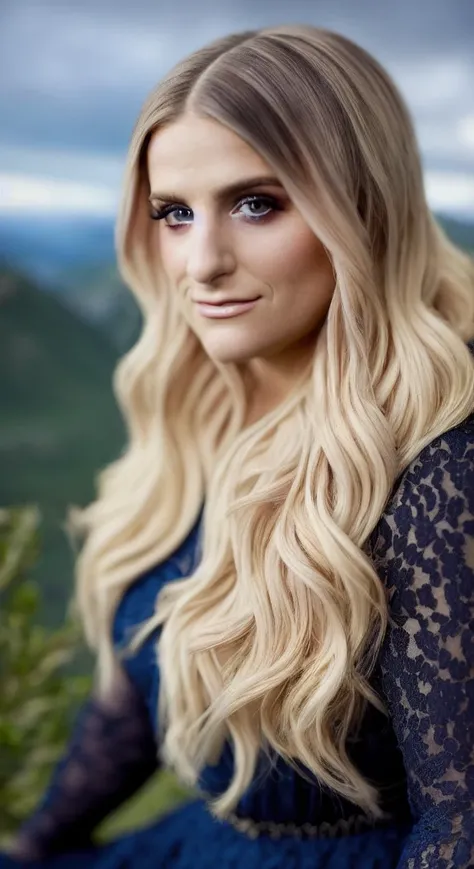 meghan trainor (sharp focus:1.2), photo, attractive young woman, (beautiful face:1.1), detailed eyes, luscious lips, (smokey eye makeup:0.85), (medium breasts:1.0), wearing (maxi dress:1.2) on a (cliffside:1.2). (moody lighting:1.2), depth of field, bokeh, 4K, HDR. by (James C. Christensen:1.2|Jeremy Lipking:1.1).