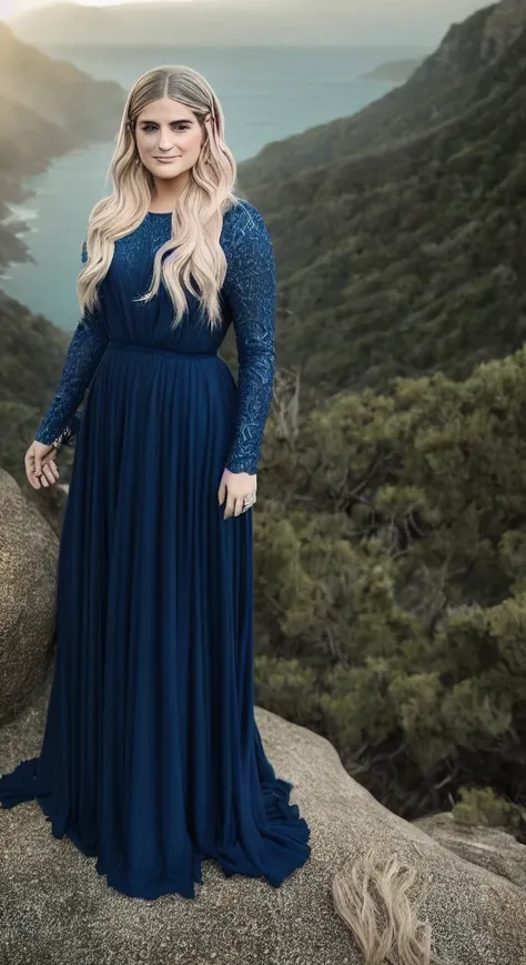 meghan trainor (sharp focus:1.2), photo, attractive young woman, (beautiful face:1.1), detailed eyes, luscious lips, (smokey eye makeup:0.85), (medium breasts:1.0), wearing (maxi dress:1.2) on a (cliffside:1.2). (moody lighting:1.2), depth of field, bokeh, 4K, HDR. by (James C. Christensen:1.2|Jeremy Lipking:1.1).