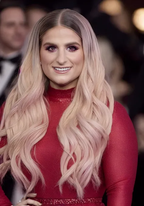 meghan trainor (sharp focus:1.2), photo, attractive young woman, (beautiful face:1.1), detailed eyes, luscious lips, (eye makeup:1.2), (large breasts:1.0), (tight body:1.2), wearing (slitdress:1.2) in (red carpet event:1.2). (moody lighting:1.2), depth of field, bokeh, 4K, HDR. by (James C. Christensen:1.2|Jeremy Lipking:1.1).