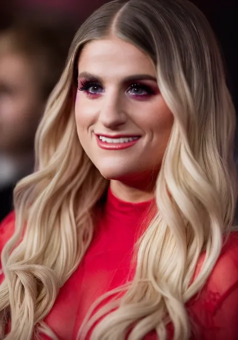 meghan trainor (sharp focus:1.2), photo, attractive young woman, (beautiful face:1.1), detailed eyes, luscious lips, (eye makeup:1.2), (large breasts:1.0), (tight body:1.2), wearing (slitdress:1.2) in (red carpet event:1.2). (moody lighting:1.2), depth of field, bokeh, 4K, HDR. by (James C. Christensen:1.2|Jeremy Lipking:1.1).
