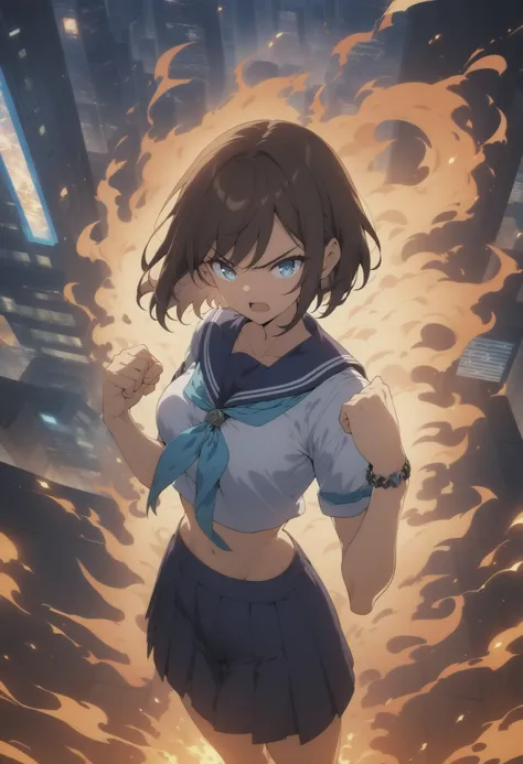 1girl, (solo:1.1), standing, raised fist, arm at side, clenched hands, contrapposto, toned, medium breasts, intricate dark brown hair, blue eyes, (bob cut:1.1), (short hair:1.1), (blunt ends:1.2), left swept bangs, futuristic black bracelet on right wrist, serious, determined, powerful, brave, dominant, cool, open mouth, shouting, serafuku, awhite sailor shirt, dark blue pleated skirt, dark blue sailor collar, aqua neckerchief, short sleeves detailed ultra plaza at night in Tokyo, skyscraper, city lights, fiery aura, (burning clothes:1.2), night, outdoors, deserted, epic composition, cinematic composition, henshin, cinematic lighting, cinematic angle, HDR, anime artwork, anime style, key visual, vibrant, studio anime, highly detailed, anime coloring, newest, masterpiece, best quality, modern <lora:style-enhancer-xl:0.6>, <lora:Fiery_aura_XL_-_Burning_passion:1>,