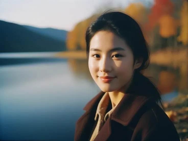 masterpiece of analog film photograph photograph a girl by the lake in late autumn with light smile,<lora:GFMix_XL:1>,, 50mm . cinematic 4k epic detailed 4k epic detailed photograph shot on kodak detailed cinematic hbo dark moody, 35mm photo, grainy, vignette, vintage, Kodachrome, Lomography, stained, highly detailed, taken by Hideaki Hamada using Pentax 67II and Kodak Portra
