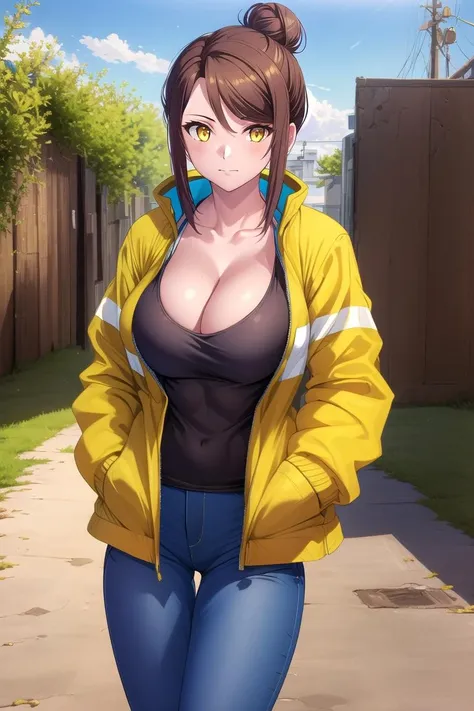 Gloria Martinez, 1girl, solo, breasts, cleavage, brown hair, large breasts, outdoors, looking at viewer, hands in pockets, hair bun, single hair bun, black shirt, bangs, open clothes, closed mouth, open jacket, yellow jacket, yellow eyes, sidelocks, long sleeves, cowboy shot, blue pants, <lora:Gloria Martinez v1:0.8>,, masterpiece, best quality,