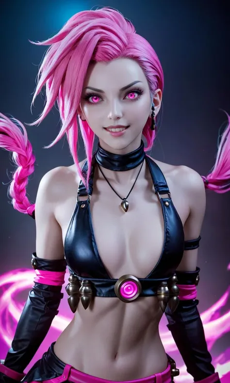 jinx (league of legends),pink eyes,<lora:MIAOKA_JINX_1.0_SDXL:0.8>,