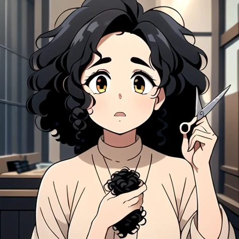 (masterpiece:1.4), high quality, high definition, sharp focus, detailed body, detailed face, best quality, 4k, 8k, absurd resolution, intricate detail, detailed hands, detailed eyes, highly detailed, highres, extremely detailed, <lora:ETO_OCC002:0.7> ETO_OCC, black hair, (curly hair:1.5), thick eyebrows, <lora:hyperdenoiser_v090:0.6>, plump, (hazel eyes:1.3), (parted bangs:1.4), <lora:ETO_OC:0.2> ETO-OC, <lora:perfetfingers:1>, 1girl, breasts, skindentation, <lora:hyperrefiner_v090:0.6>, <lora:bigchop:1> (holhair:1.4), hand up, (holding hair:1.6), (hair chopped:1.3), (short hair), (holding lock of cut hair in hand:1.6), (bad haircut), (holding scissors:1.5), (lock of hair chopped:1.4), (shocked, surprised), <lora:shocked_v1:0.8> (shocked expression:1.4), (holding lock of hair that is chopped:1.5)
