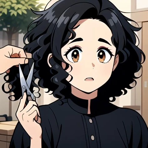 (masterpiece:1.4), high quality, high definition, sharp focus, detailed body, detailed face, best quality, 4k, 8k, absurd resolution, intricate detail, detailed hands, detailed eyes, highly detailed, highres, extremely detailed, <lora:ETO_OCC002:0.7> ETO_OCC, black hair, (curly hair:1.5), thick eyebrows, <lora:hyperdenoiser_v090:0.6>, plump, (hazel eyes:1.3), (parted bangs:1.4), <lora:ETO_OC:0.2> ETO-OC, <lora:perfetfingers:1>, 1girl, breasts, skindentation, <lora:hyperrefiner_v090:0.6>, <lora:bigchop:1> (holhair:1.4), hand up, (holding hair:1.6), (hair chopped:1.3), (short hair), (holding lock of cut hair in hand:1.6), (bad haircut), (holding scissors:1.5), (lock of hair chopped:1.4), (shocked, surprised), <lora:shocked_v1:0.8> (shocked expression:1.4), (holding lock of hair that is chopped:1.5), (showing hair lock:1.5)