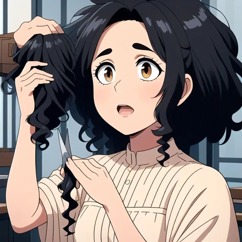 (masterpiece:1.4), high quality, high definition, sharp focus, detailed body, detailed face, best quality, 4k, 8k, absurd resolution, intricate detail, detailed hands, detailed eyes, highly detailed, highres, extremely detailed, <lora:ETO_OCC002:0.7> ETO_OCC, black hair, (curly hair:1.5), thick eyebrows, <lora:hyperdenoiser_v090:0.6>, plump, (hazel eyes:1.3), (parted bangs:1.4), <lora:ETO_OC:0.2> ETO-OC, <lora:perfetfingers:1>, 1girl, breasts, skindentation, <lora:hyperrefiner_v090:0.6>, <lora:bigchop:1> (holhair:1.4), hand up, (holding hair:1.6), (hair chopped:1.3), (short hair), (holding lock of cut hair in hand:1.6), (bad haircut), (holding scissors:1.5), (lock of hair chopped:1.4), (shocked, surprised), <lora:shocked_v1:0.8> (shocked expression:1.4), (holding lock of hair that is chopped:1.5)