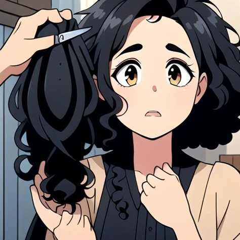 (masterpiece:1.4), high quality, high definition, sharp focus, detailed body, detailed face, best quality, 4k, 8k, absurd resolution, intricate detail, detailed hands, detailed eyes, highly detailed, highres, extremely detailed, <lora:ETO_OCC002:0.7> ETO_OCC, black hair, (curly hair:1.5), thick eyebrows, <lora:hyperdenoiser_v090:0.6>, plump, (hazel eyes:1.3), (parted bangs:1.4), <lora:ETO_OC:0.2> ETO-OC, <lora:perfetfingers:1>, 1girl, breasts, skindentation, <lora:hyperrefiner_v090:0.6>, <lora:bigchop:1> (holhair:1.4), hand up, (holding hair:1.6), (hair chopped:1.3), (short hair), (holding lock of cut hair in hand:1.6), (bad haircut), (holding scissors:1.5), (lock of hair chopped:1.4), (shocked, surprised), <lora:shocked_v1:0.8> (shocked expression:1.4), (holding lock of hair that is chopped:1.5), (showing hair lock:1.5)