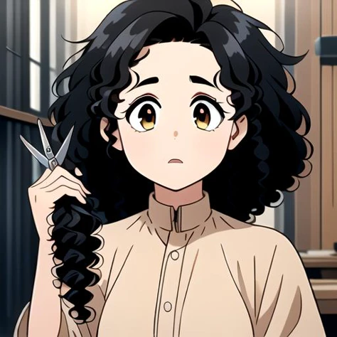 (masterpiece:1.4), high quality, high definition, sharp focus, detailed body, detailed face, best quality, 4k, 8k, absurd resolution, intricate detail, detailed hands, detailed eyes, highly detailed, highres, extremely detailed, <lora:ETO_OCC002:0.7> ETO_OCC, black hair, (curly hair:1.5), thick eyebrows, <lora:hyperdenoiser_v090:0.6>, plump, (hazel eyes:1.3), (parted bangs:1.4), <lora:ETO_OC:0.2> ETO-OC, <lora:perfetfingers:1>, 1girl, breasts, skindentation, <lora:hyperrefiner_v090:0.6>, <lora:bigchop:1> (holhair:1.4), hand up, (holding hair:1.6), (hair chopped:1.3), (short hair), (holding lock of cut hair in hand:1.6), (bad haircut), (holding scissors:1.5), (lock of hair chopped:1.4), (shocked, surprised), <lora:shocked_v1:0.8> (shocked expression:1.4), (holding lock of hair that is chopped:1.5), (showing hair lock:1.5)