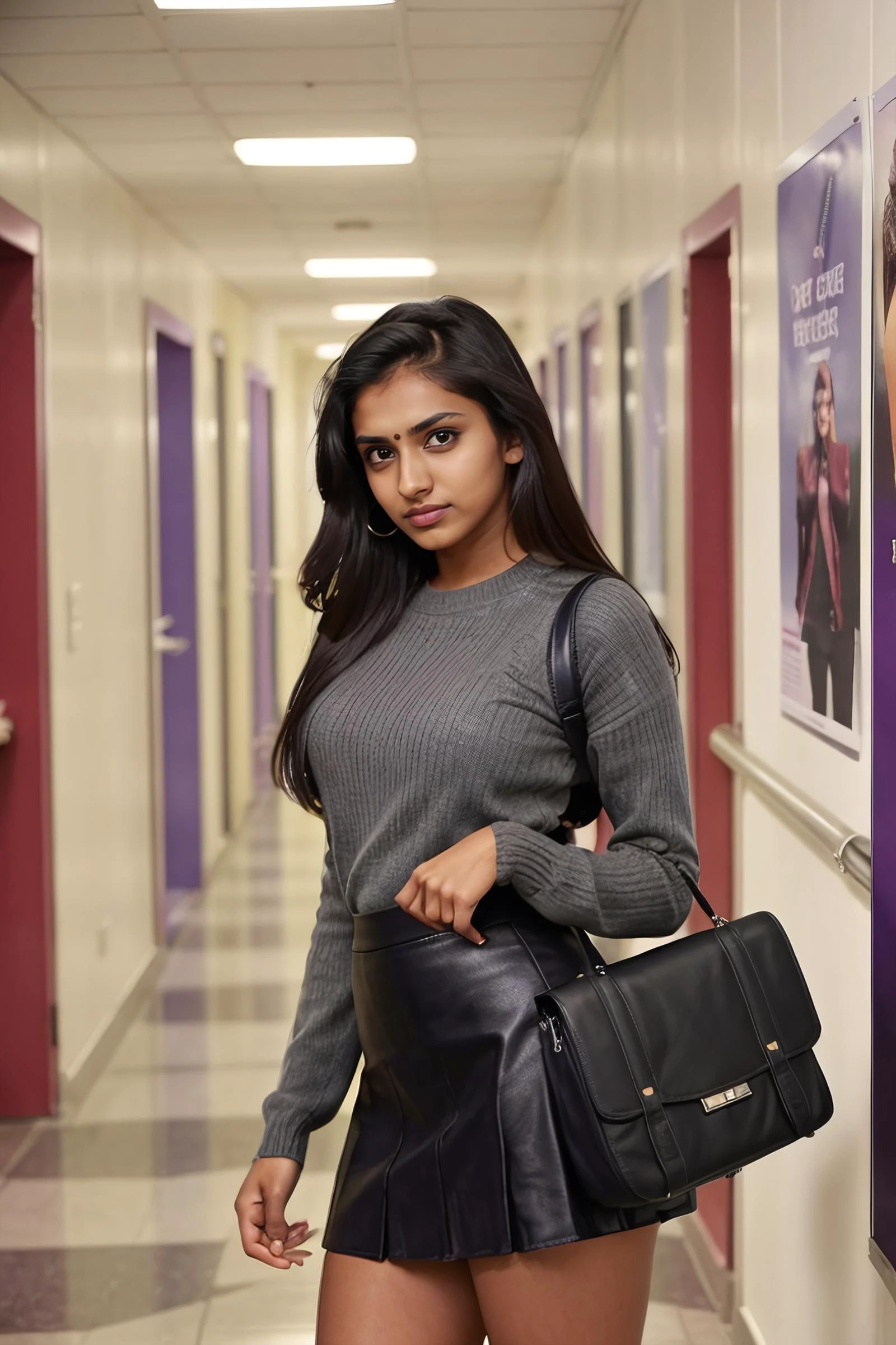 colorful photo of a petite 20yo woman, dgespressov2_TI:0.8, <lora:l_ang_ae_sd_64_32:1> ((angry expression)) on face, college student holding bag, wearing tight sweater, short leather skirt, legs spread slightly, hand reaching towards viewer, sexy, naughty, in college hallway with colorful posters in background, cinematic lighting