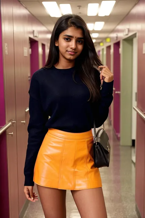 colorful photo of a short 20yo woman, dgespressov2_TI:0.8, <lora:l_shm_searnbd_sd_64_32:1> ((ashamed expression)) on face, college student holding bag, wearing tight sweater, short leather skirt, legs spread slightly, hand reaching towards viewer, sexy, naughty, in college hallway with colorful posters in background, cinematic lighting