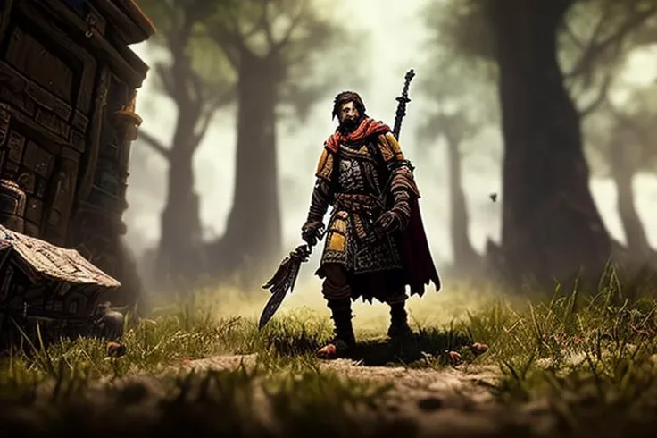 digital painting of an adventurer in a battle, darkest_diffusion, dark fantasy, masterpiece, cinematic, moody, dramatic, vivid color, full body, wide angle, forest, trees