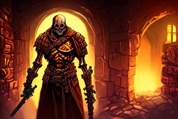 digital painting of a skeleton in a gritty underground dungeon, darkest_diffusion, dark fantasy, vivid color, dramatic cinematic masterpiece, full body, wide angle, dark lighting, shadows and torchlight, claustrophobic