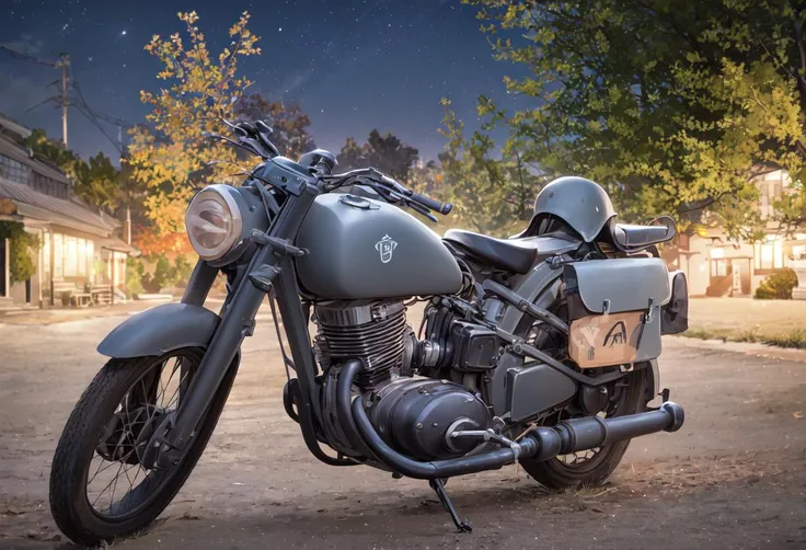 gorgeously rendered RAW 8k HDR high-resolution wide-angle full-frame panoramic photograph of a nz350 (((parked in a 1940 German village at night))), wwi fighters in sky overhead, trending on artstation, highly detailed, intricate, lens flare,  bokeh, soft focus, diffused soft lighting, shallow depth of field, photography, photograph, cinematic lighting, detailed skin, realistic, photorealistic, hyperrealism, <lora:dkw_nz350:0.5>