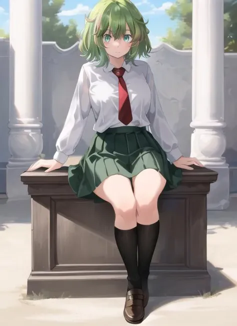 ((best quality)), ((highly detailed)), masterpiece, extremely detailed face, beautiful face, (detailed eyes, deep eyes), (1girl), full body, <lora:hagakure_tooru:.7>, hagakure_tooru, short hair, aqua hair, multicolored hair, aqua eyes, multicolored eyes, white shirt, collared shirt, red necktie, green pleated skirt, black socks, u.a. school uniform