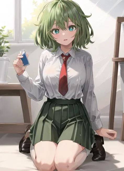 ((best quality)), ((highly detailed)), masterpiece, (detailed eyes, deep eyes), (1girl), full body, <lora:hagakure_tooru:.7>, hagakure_tooru, short hair, aqua hair, multicolored hair, aqua eyes, multicolored eyes, white shirt, collared shirt, red necktie, green pleated skirt, black socks, u.a. school uniform, (indoors, in an office)