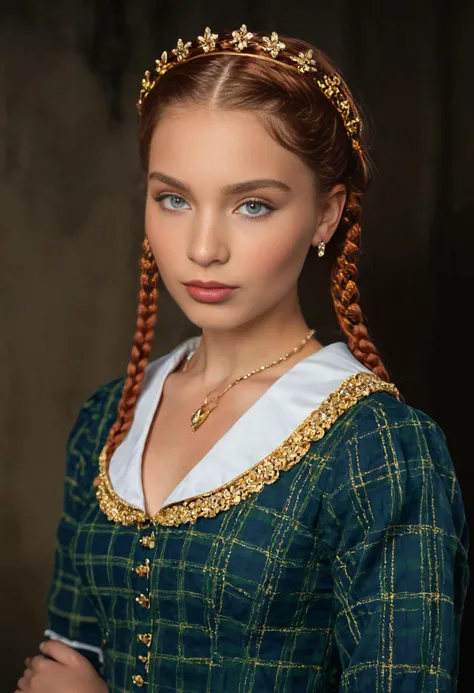 Photographic portrait of a green eyed young woman with natural red braided pigtails, wearing a dark blue-green checkered dress with a round neckline and a golden tiara, from which the white collar of a blouse protrudes, softly lit from the left   <lora:Blurry_Photo_XL:1>
