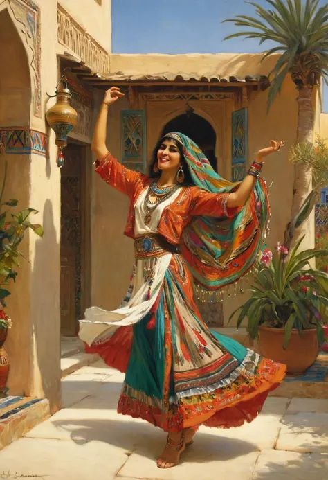 Orientalistic painting of a beautiful Ghawazee dancer, woman, she's an Egyptian gypsy, a Ghaziya, colorful clothes, she's dancing in a garden of a beautiful house in a small village, she is dancing for a female audience, a percussionist and a flutist are making music, she is enjoying herself, 8k, masterpiece, intricate details, beautiful detailed faces, sharp detailed background, perfect hands, AH_Tadema