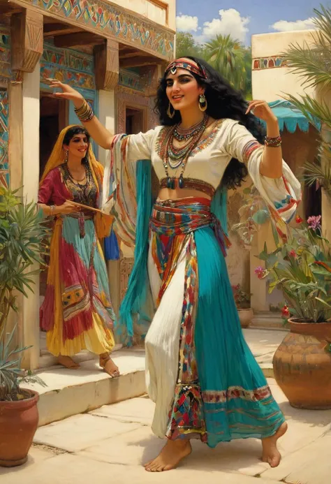 Orientalistic painting of a beautiful Ghawazee dancer, woman, she's an Egyptian gypsy, a Ghaziya, colorful clothes, she's dancing in a garden of a beautiful house in a small village, she is dancing for a female audience, a percussionist and a flutist are making music, she is enjoying herself, 8k, masterpiece, intricate details, beautiful detailed faces, sharp detailed background, perfect hands, AH_Tadema