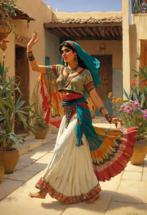 Orientalistic painting of a beautiful Ghawazee dancer, woman, she's an Egyptian gypsy, a Ghaziya, colorful clothes, she's dancing in a garden of a beautiful house in a small village, she is dancing for a female audience, a percussionist and a flutist are making music, she is enjoying herself, 8k, masterpiece, intricate details, beautiful detailed faces, sharp detailed background, AH_Tadema