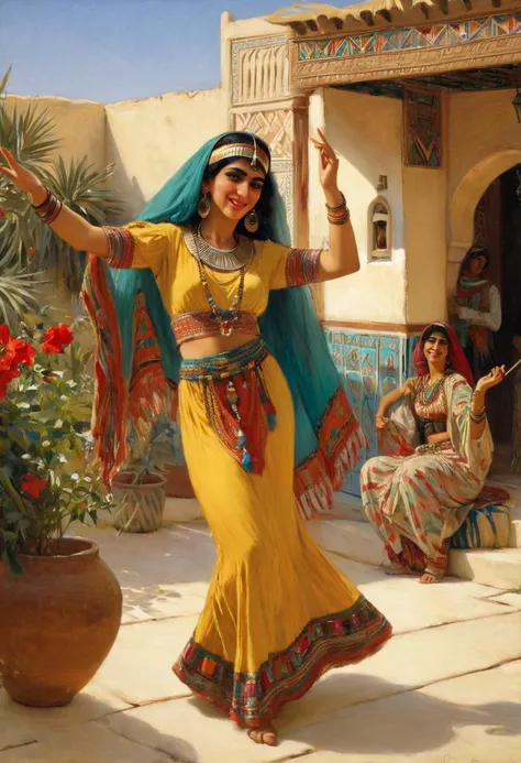 Orientalistic painting of a beautiful Ghawazee dancer, woman, she's an Egyptian gypsy, a Ghaziya, colorful clothes, she's dancing in a garden of a beautiful house in a small village, she is dancing for a female audience, a percussionist and a flutist are making music, she is enjoying herself, 8k, masterpiece, intricate details, beautiful detailed faces, sharp detailed background, AH_Tadema