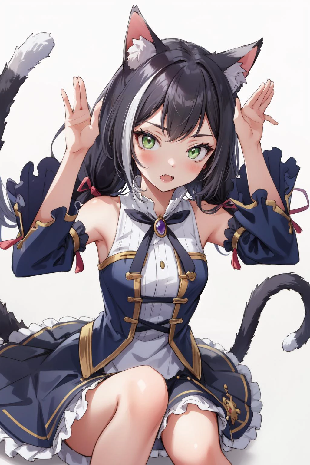 (masterpiece, best quality), intricate details,
<lora:Ver2:0.8> (rabbit pose:1.2), arms up,
(1girl), solo, <lora:karyltest:0.8> karyl, animal ear fluff, animal ears, black hair, black ribbon, cat ears, cat girl, cat tail, fang, (green eyes:1.5), hair bow, long hair, low twintails, multicolored hair, purple bow, ribbon, skin fang, streaked hair, tail, twintails, vertical stripes, white hair, arm support, bare shoulders, blue sleeves, bow, brooch, detached sleeves, dress, frilled sleeves, frills, multicolored clothes, multicolored dress, neck ribbon, sleeveless, sleeveless dress, striped,,