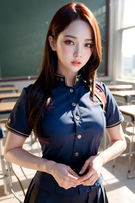 aespakarina, on school, RAW,(8k, best quality, masterpiece:1.2),(intricate details:1.4),(photorealistic:1.4),octane render, complex 3d render ultra detailed, studio soft light, rim light, vibrant details, ultra detailed, realistic skin texture, detailed face, beautiful detailed eyes, extremely detailed CG unity 8k wallpaper, makeup,(perfect anatomy),(wide hip:1.3),(school red uniform:1.5), <lora:aespaKarinaV5:1>
