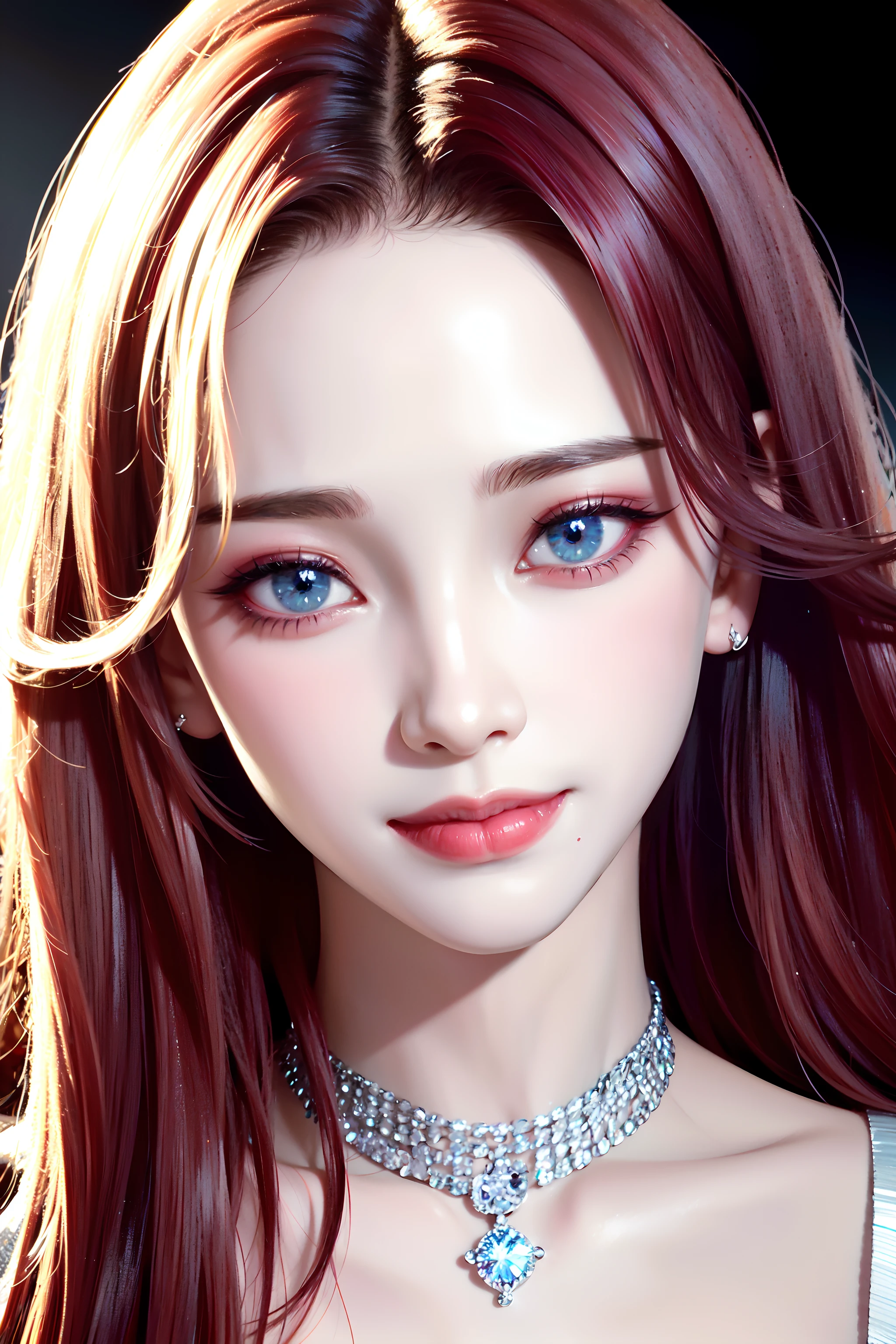 Award winning Face Photo, RAW photo, best quality, hires, masterpiece, photorealistic, professional photography, sharp focus, HDR, 8K resolution, intricate detail, sophisticated detail, depth of field, extremely detailed CG unity 8k wallpaper, cinematic lighting, perfect contrast, perfect saturation, properly adjusted white balance, (extremely close-up face:1.5), (smiling at lens:1.5), beautiful symmetrical eyes, (fabulous feminine makeup), strong light reflection on extremely detailed pupil, (high gloss crimson lips), highly detailed hair, glows soft skin, long eyelashes, double eyelid, (shoulder-baring with necklace and dcolletage:1.1), The finest diamond necklace and earing jewelry set from Tiffany & Co., <lora:LORA_aespaKarina_aespaKarinaV5:1>