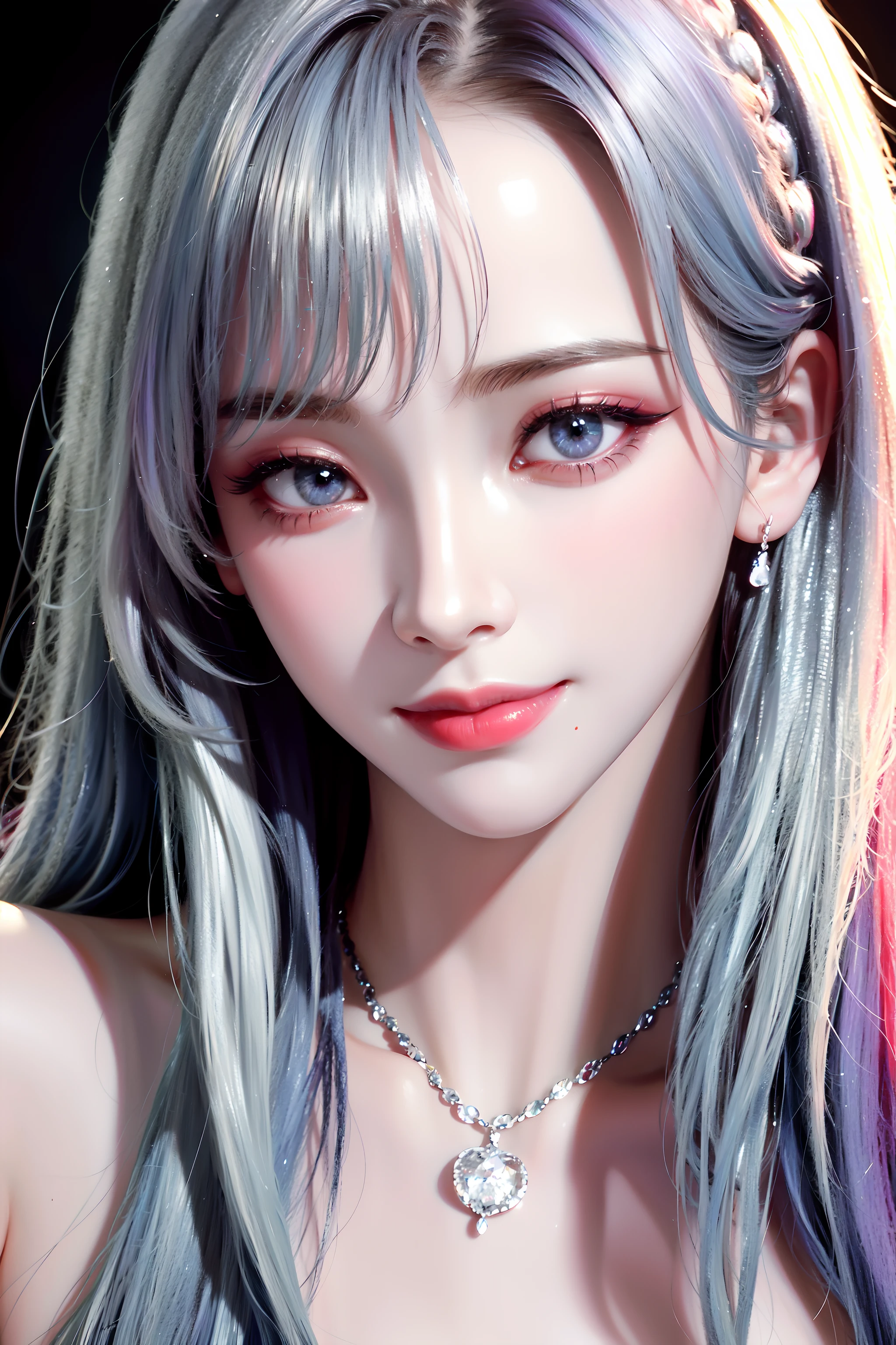 Award winning Face Photo, RAW photo, best quality, hires, masterpiece, photorealistic, professional photography, sharp focus, HDR, 8K resolution, intricate detail, sophisticated detail, depth of field, extremely detailed CG unity 8k wallpaper, cinematic lighting, perfect contrast, perfect saturation, properly adjusted white balance, (extremely close-up face:1.5), (smiling at lens:1.5), beautiful symmetrical eyes, (fabulous feminine makeup), strong light reflection on extremely detailed pupil, (high gloss crimson lips), highly detailed hair, glows soft skin, long eyelashes, double eyelid, (shoulder-baring with necklace and dcolletage:1.1), The finest diamond necklace and earing jewelry set from Tiffany & Co., <lora:LORA_aespaKarina_aespaKarinaV5:1>