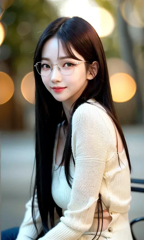 best quality ,masterpiece, illustration, an extremely delicate and beautiful, extremely detailed ,CG ,unity ,8k wallpaper, Amazing, finely detail, masterpiece,best quality,extremely detailed CG unity 8k wallpaper, huge filesize , ultra-detailed, highres, extremely detailed,beautiful detailed girl, extremely detailed eyes and face, beautiful detailed eyes,light on face,1girl, aespakarina, (ultra-detailed), (best illustration), (best shadow), ultra-high res, (realistic, photo-realistic:1.2),realistic face proportions,  <lora:aespaKarina_aespaKarinaV5:1>, slender, smile, (makeup:0.4), (full body, sitting), ((puffy eyes)), looking at viewer, (bokeh:1.4), ((glasses)),[(short white hair with bangs)],