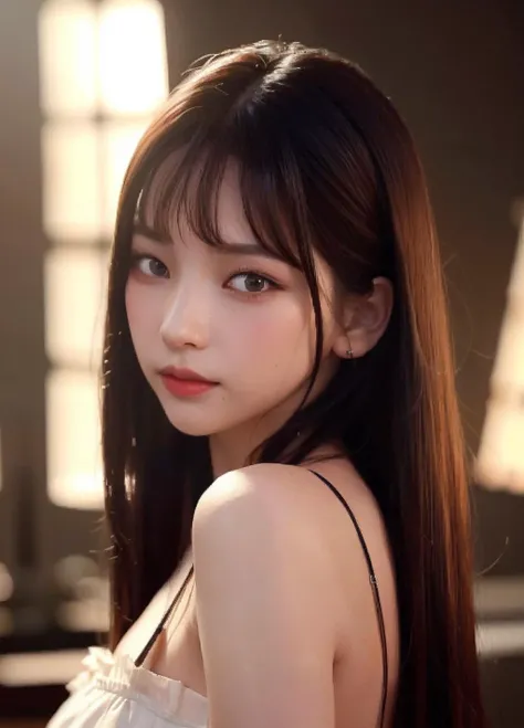 realistic photos of 1 cute Korean star, hair behind ears, white skin, thin makeup, 32 inch breasts size, wearing tank top, in the market, night, with crowded, close-up portrait, UHD