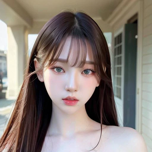 Top image quality、Raw photography、ultra-high-resolution、Close-up of the face、16-year-old Korean、fair white skin、shiny white skin、Beautiful eyes with random colors、beautiful eyes finely detailed、elongated eyes、neckless、Close one eye