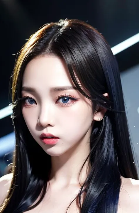 <lora:aespakarina-v5:1> , 1girl, solo, masterpiece,best quality,wallpaper,HDR,high quality,high-definition,extremely detailed, detail face, kpop make up, yellow hair, (head tilting up, head relaxed), on the stage,Dior dress,look camera,relaxed,standing, gray blue eyes