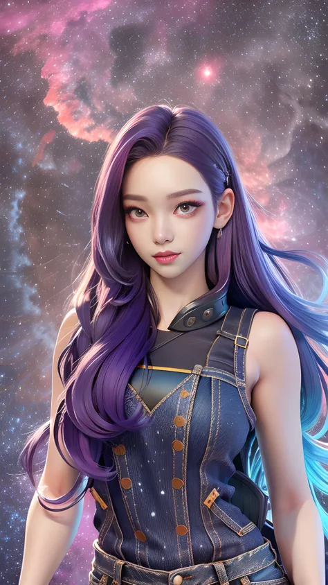 tooned, 3dg style of beautifull stunning aespakarina, purple hair color,medium long hair,(((red casual clothes))) , ((tanktops jeans)), soft light, perfect face,(masterpiece, top quality, best quality, woman in monochromatic light), earing, ring,((nebula galaxy aurora background)),mole ,(smile:0.3), <lora:3DMM:1>, empty hands, perfect fingers<lora:karinaaespa:0.7> (mole), jacket jeans, denim