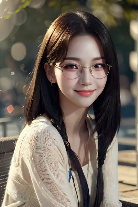 best quality,masterpiece,illustration,an extremely delicate and beautiful,extremely detailed,CG,unity,8k wallpaper,Amazing,finely detail,masterpiece,best quality,extremely detailed CG unity 8k wallpaper,huge filesize,ultra-detailed,highres,extremely detailed,beautiful detailed girl,extremely detailed eyes and face,beautiful detailed eyes,light on face,1girl,aespakarina,(ultra-detailed),(best illustration),(best shadow),ultra-high res,(realistic, photo-realistic:1.2),realistic face proportions,<lora:aespakarina-v5:1>,,slender,smile,(makeup:0.4),(full body, sitting),((puffy eyes)),looking at viewer,(bokeh:1.4),((glasses)),[(short white hair with bangs)],