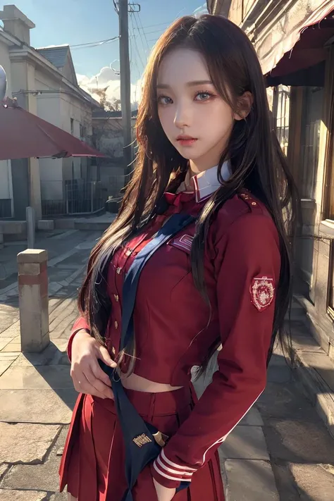 aespakarina,on school,RAW,(8k, best quality, masterpiece:1.2),(intricate details:1.4),(photorealistic:1.4),octane render,complex 3d render ultra detailed,studio soft light,rim light,vibrant details,ultra detailed,realistic skin texture,detailed face,beautiful detailed eyes,extremely detailed CG unity 8k wallpaper,makeup,(perfect anatomy),(wide hip:1.3),(school red uniform:1.5),<lora:aespakarina-v5:1>,