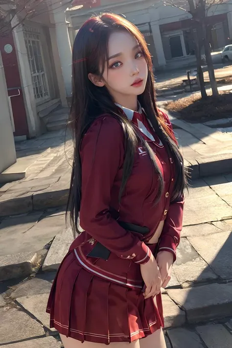 aespakarina,on school,RAW,(8k, best quality, masterpiece:1.2),(intricate details:1.4),(photorealistic:1.4),octane render,complex 3d render ultra detailed,studio soft light,rim light,vibrant details,ultra detailed,realistic skin texture,detailed face,beautiful detailed eyes,extremely detailed CG unity 8k wallpaper,makeup,(perfect anatomy),(wide hip:1.3),(school red uniform:1.5),<lora:aespakarina-v5:1>,