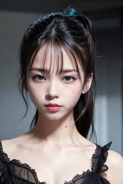 a closeup, masterpiece, top-quality, Raw foto, Photorealsitic, sideshot、unbelievable Ridiculous, beautiful a girl, poneyTail, Pink lace underwear、I eat the cake I left carefully and puff out my cheeks angrily.、depth of fields, hight resolution, ultra-detailliert, finely detail, ighly detailed, extremely detailed eye and face, Sharp pupils, foco nítido, Cinematic lighting