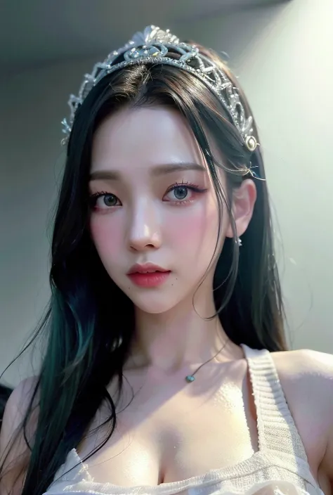 (8k, best quality, masterpiece:1.2), (realistic, photo-realistic:1.4), (RAW photo), octane render, complex 3d render ultra detailed of a beautiful porcelain profile woman, studio soft light, rim light, vibrant details, ultra-detailed, realistic skin texture, detail face, silver hair, beautiful detailed eyes, close up photography, Fujifilm, Depth of Field, absurdres, extremely detailed CG unity 8k wallpaper, makeup, black lightning, intricate headdress, <lora:aespaKarina_aespaKarinaV2:1>