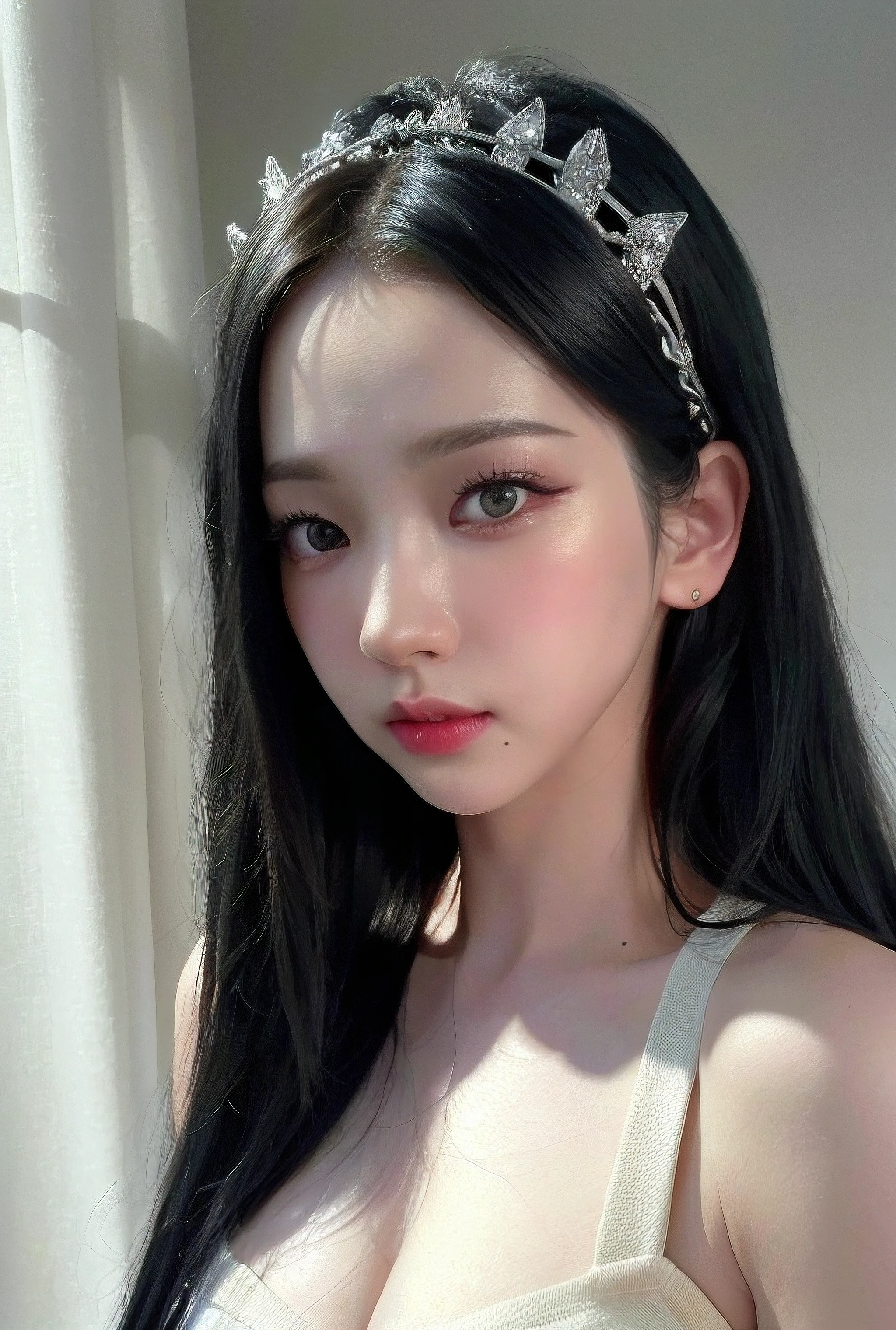 (8k, best quality, masterpiece:1.2), (realistic, photo-realistic:1.4), (RAW photo), octane render, complex 3d render ultra detailed of a beautiful porcelain profile woman, studio soft light, rim light, vibrant details, ultra-detailed, realistic skin texture, detail face, beautiful detailed eyes, close up photography, Fujifilm, Depth of Field, absurdres, extremely detailed CG unity 8k wallpaper, makeup, black lightning, intricate headdress, <lora:aespaKarina_aespaKarinaV2:1>