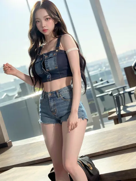 aespakarina, best quality, ultra highres, (photorealistic:1.4), (depth of field:1.4), (looking at camera:1.4), black hair, short hair, brown clothes, blue denim shorts, solo, 1 girl, medium chest, in studio, bokeh, bloom, perfect body, perfect anatomy, ulzzang-6500, <lora:aespaKarina_aespaKarinaV2:1>, photoshoot, random pose