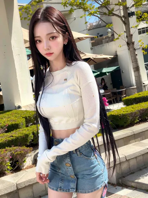 aespakarina, best quality, ultra highres, (photorealistic:1.4), (depth of field:1.4), (looking at camera:1.4), black hair, short hair, uniform, miniskirt, long sleeves, light arm tattoo, solo, 1 girl, medium chest, outdoors, bokeh, bloom, perfect body, perfect anatomy, ulzzang-6500, <lora:aespaKarina_aespaKarinaV2:1>, photoshoot, random pose