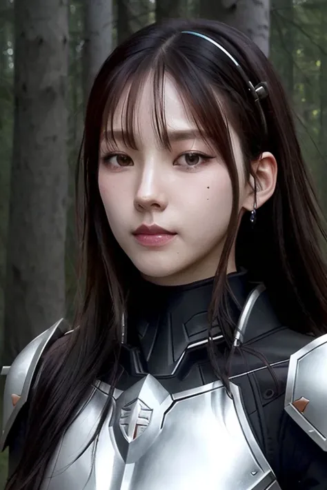 a aespakarina, perfect eyes, (ultra realistic:1.5), (standing in forest:1.2), (close-up photo:1.5), (black paladin armor:1.2), (intricate:1.2), (looking at camera:1.2), (best quality:1.2), <lora:aespakarina-v4-bngs-anlg:1>